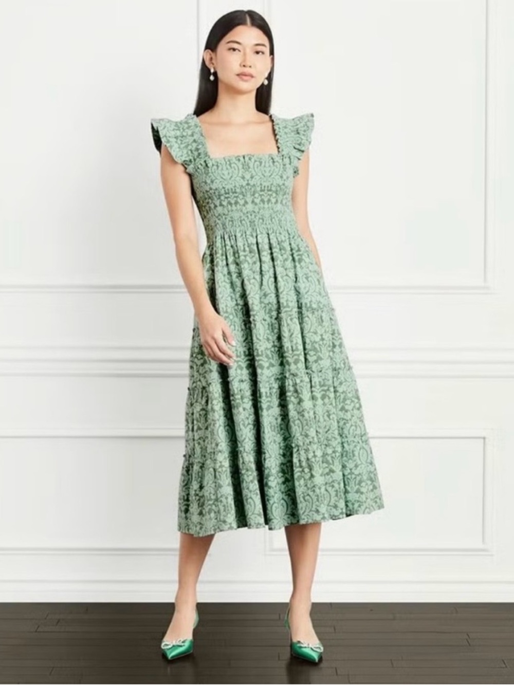 Hill House Sage Green Printed Ruffle Sleeve Midi Dress
